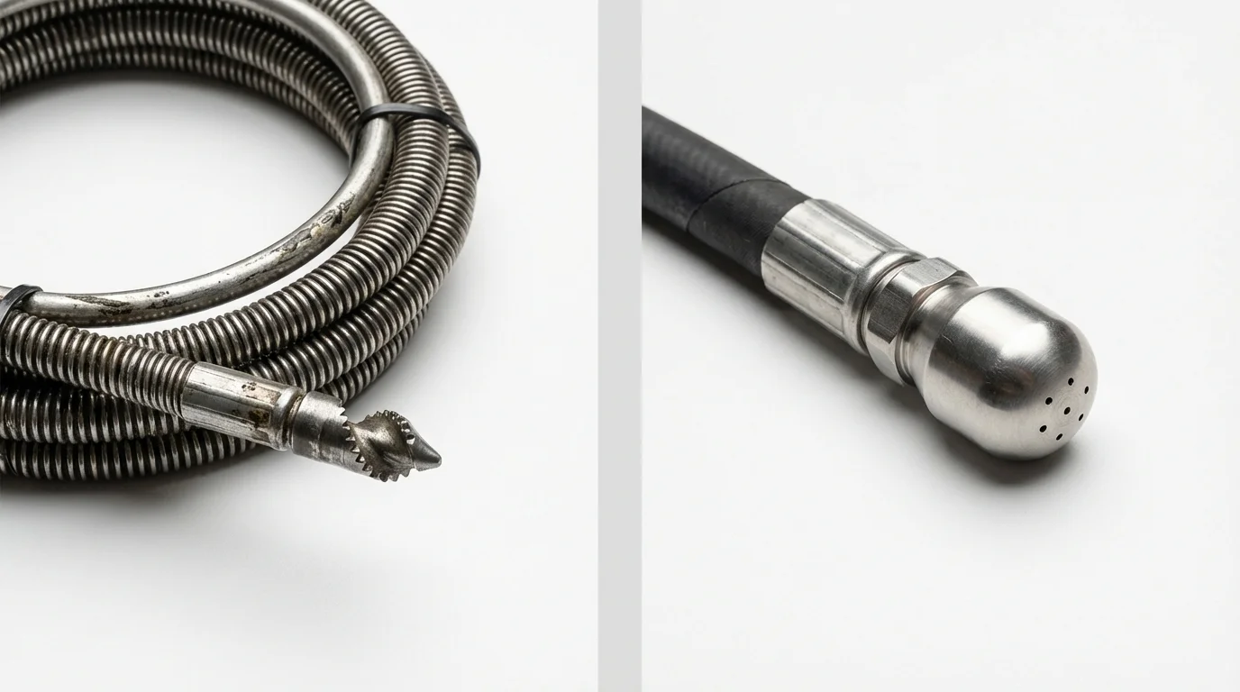 Drain snake cable and hydro jetting nozzle used for drain cleaning in Clinton, NJ