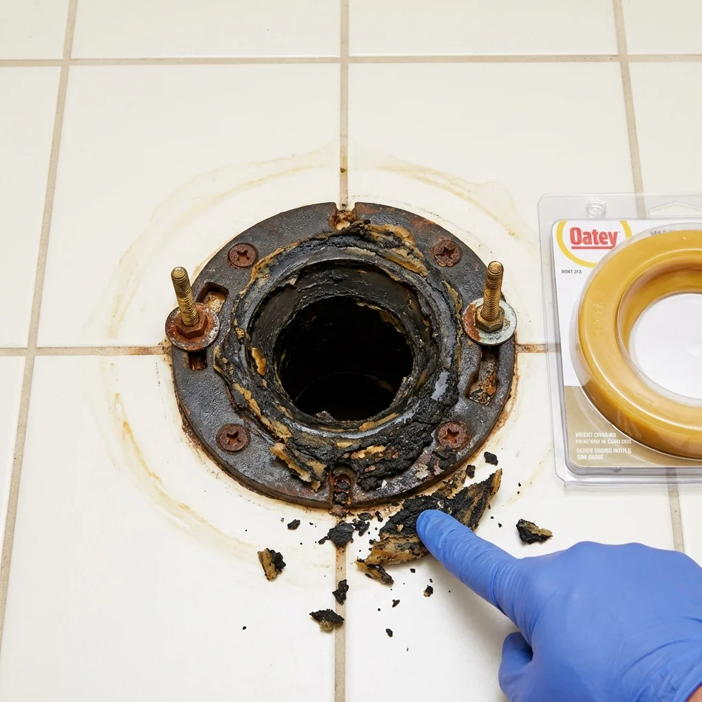 Failed wax ring showing water seepage at the base of a toilet in a Clinton, NJ home