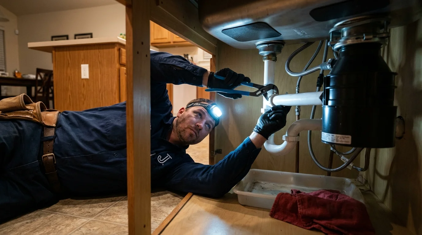 P-trap and supply line connections under a kitchen sink showing a common leak point in Clinton, NJ